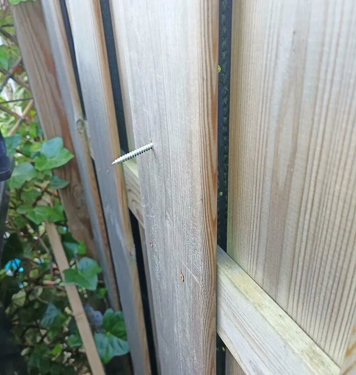 Sharp screw sticking out from a wooden fence, demonstrating behavior of infuriating neighbors.