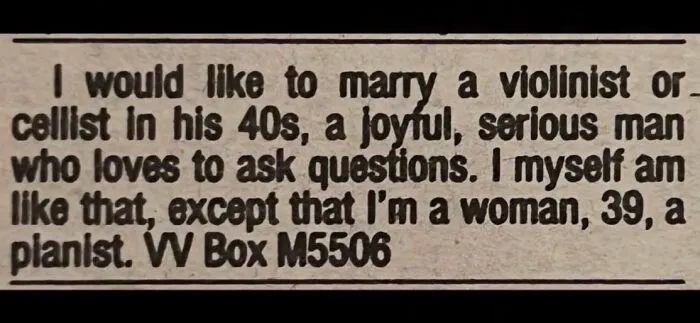 A vintage newspaper clipping of personal ads from the past written by a 39-year-old female pianist.