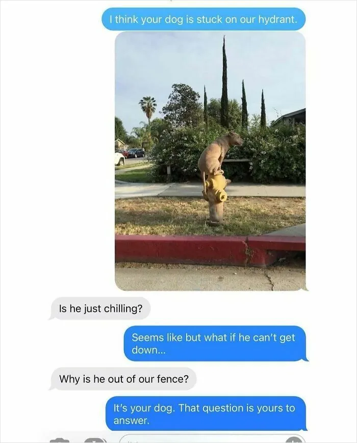 Text message thread showing infuriating neighbors unconcerned about their dog sitting on a fire hydrant