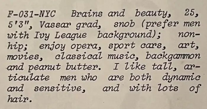 A newspaper personal ad from the past by a 25-year-old Vassar graduate seeking an Ivy League partner.