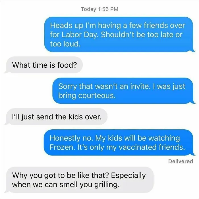Text exchange with infuriating neighbors asking to join an uninvited party and send their kids over