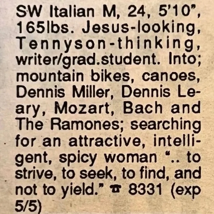 A vintage print personal ad placed by a 24-year-old Italian male looking for love.