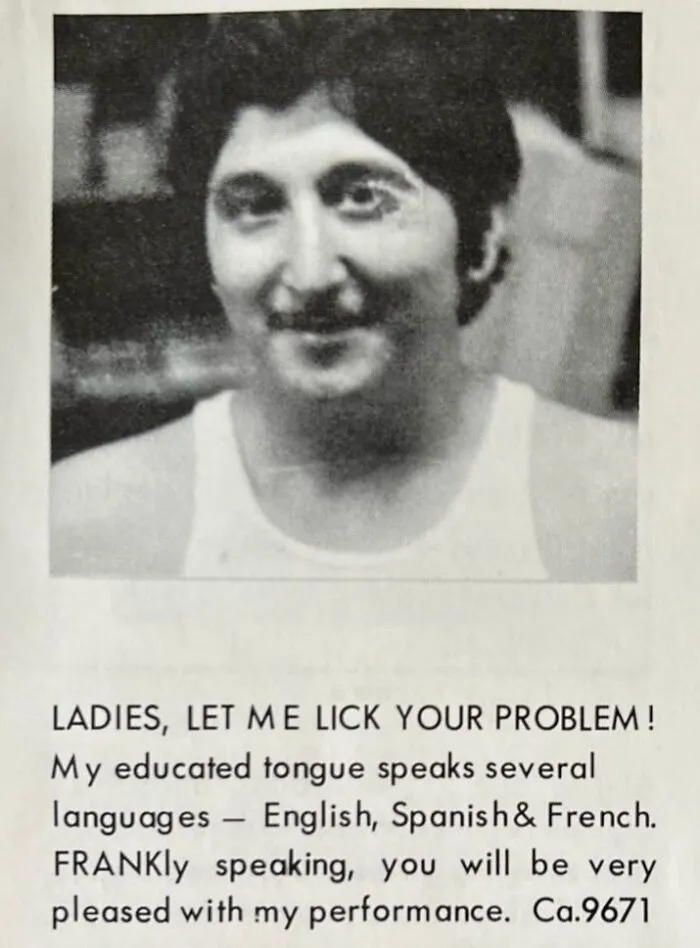 A photo of a smiling man wearing a tank top next to a vintage personal ad written in bold print.