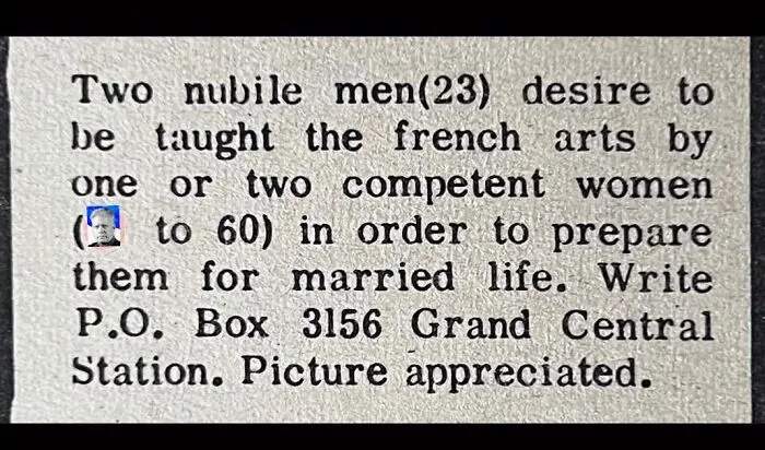 A personal ad from the past written by two young men seeking mature women