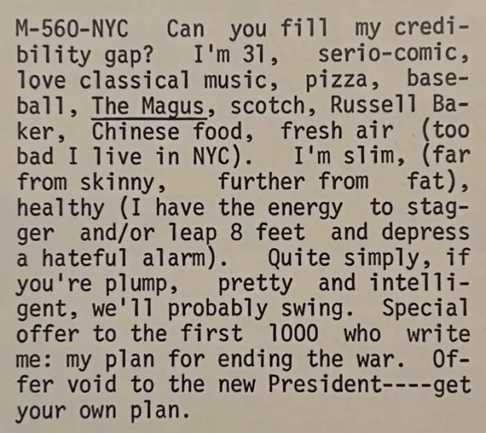 A vintage personal ad from the past placed by a 31-year-old NYC man seeking love.