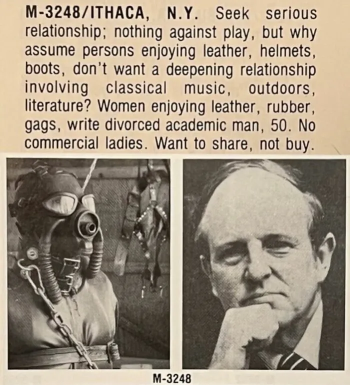 An unconventional personal ad from the past featuring photos of a man in leather gear and a portrait.