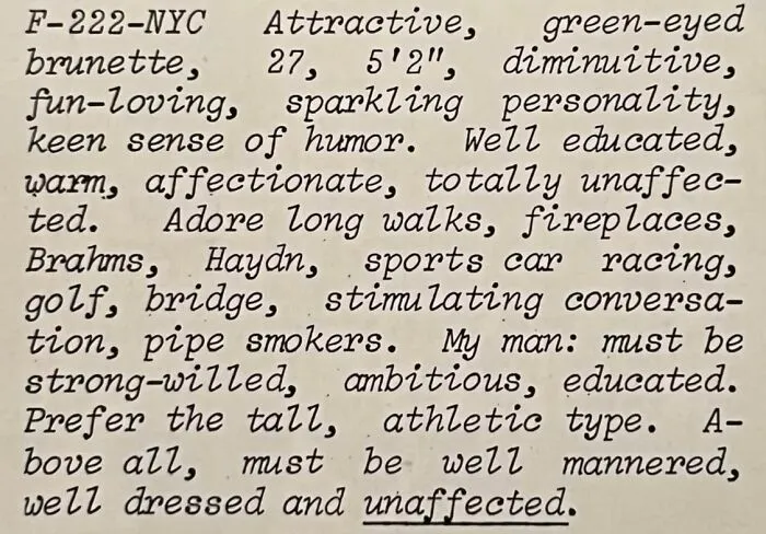A handwritten-style personal ad from the past written by a 27-year-old woman looking for a relationship.