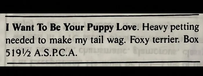 A humorously written personal ad from the past titled I Want To Be Your Puppy Love