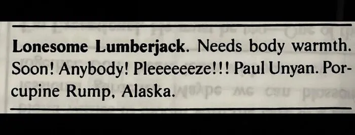 A newspaper personal ad from the past from a lonesome lumberjack seeking love