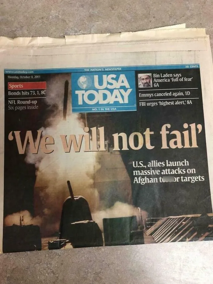 USA Today front page newspaper from October 2001 reporting on war.