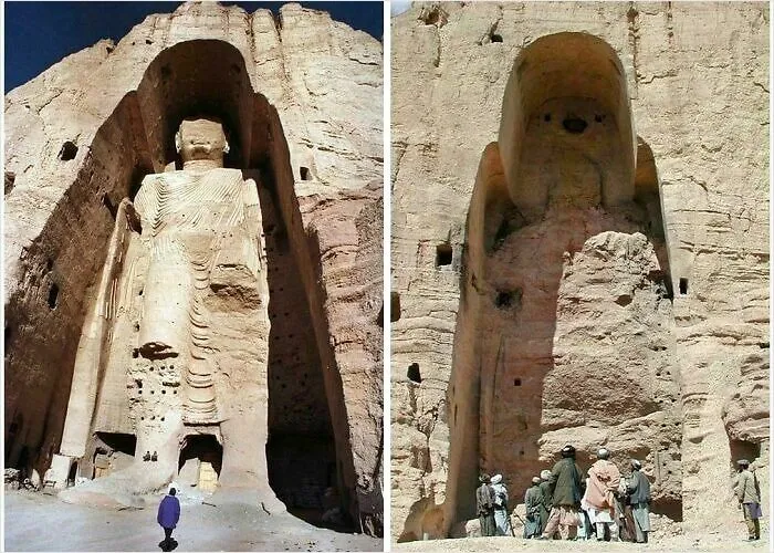 Before and after comparison of the Buddhas of Bamiyan destroyed in events that happened in 2001