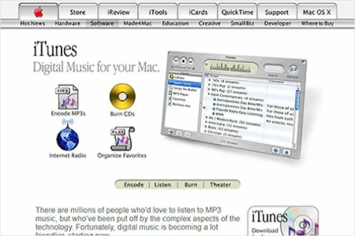 Screenshot of the original Apple iTunes digital music software interface launched that happened in 2001.