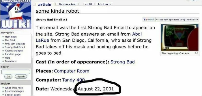 Homestar Runner wiki page showing first Strong Bad Email from August 22, 2001