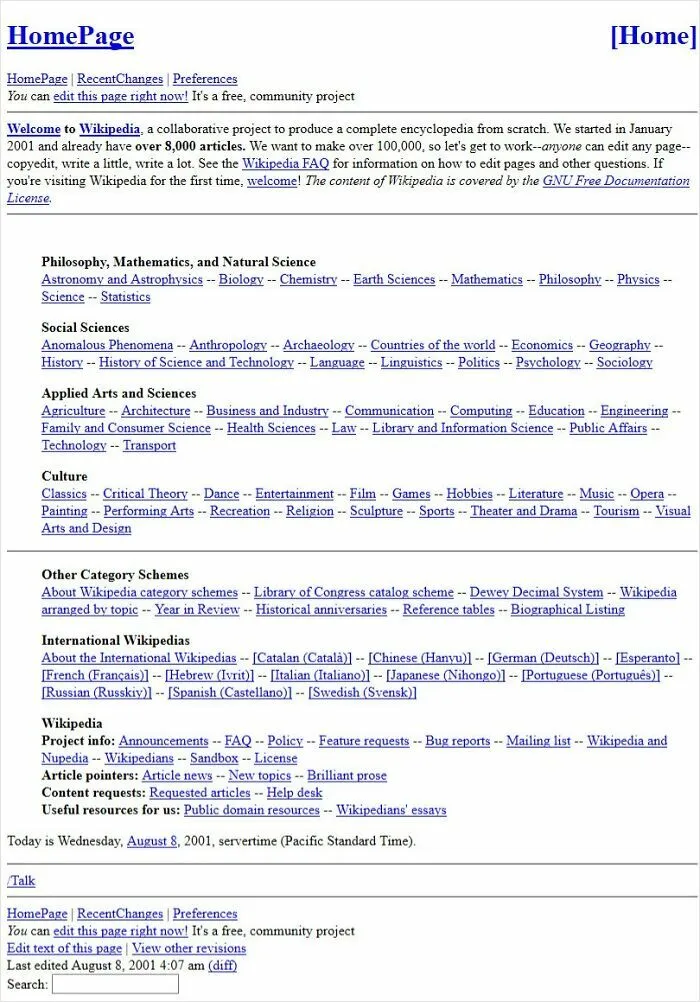 The original Wikipedia homepage interface design as it appeared in August 2001