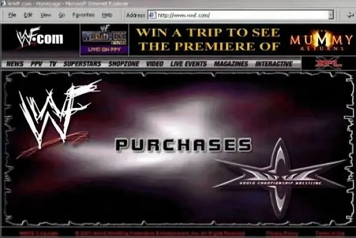 Vintage screenshot of the WWF website home page announcing the WCW acquisition in 2001