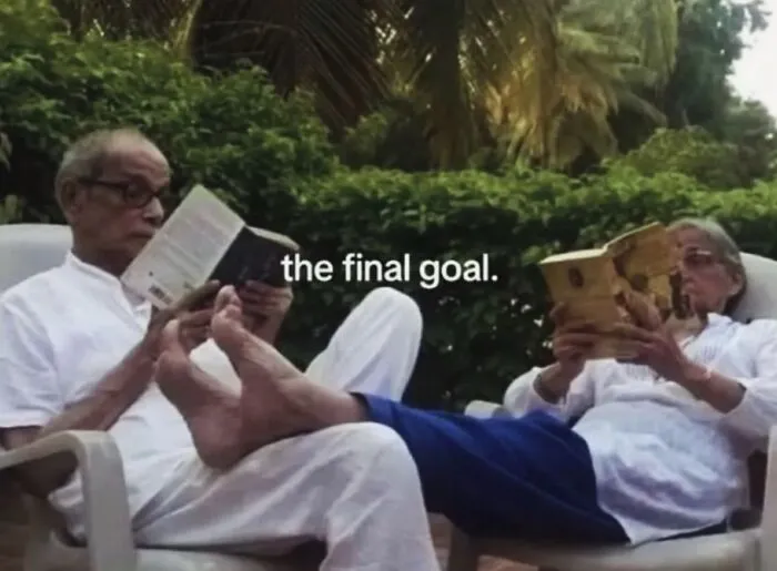 Relatable female meme showing elderly men reading books with text the final goal
