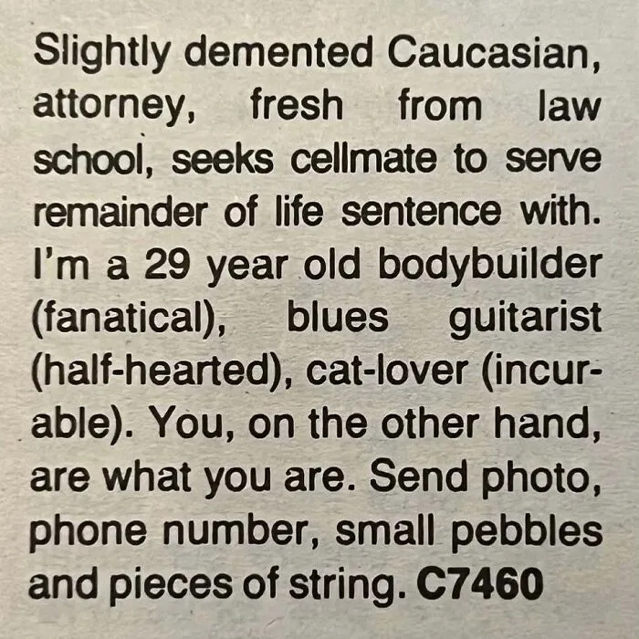 A humorous newspaper snippet showing personal ads from the past by a 29-year-old attorney.