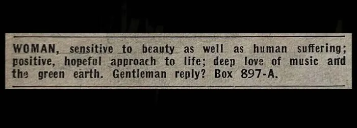 A newspaper clipping of vintage personal ads from the past seeking a gentleman.