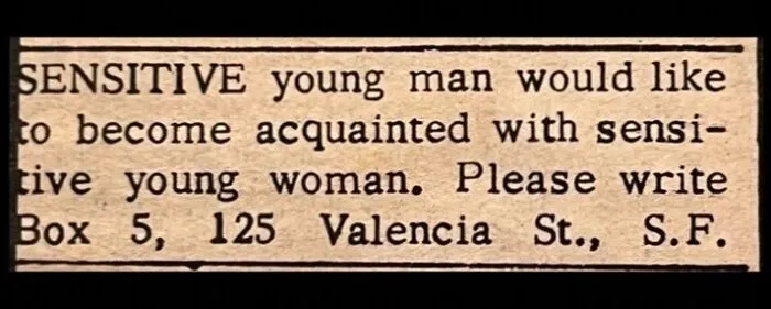 A vintage newspaper column featuring personal ads from the past by a sensitive young man.