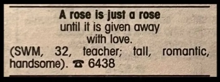 A newspaper personal ad from the past placed by a romantic teacher looking for love.