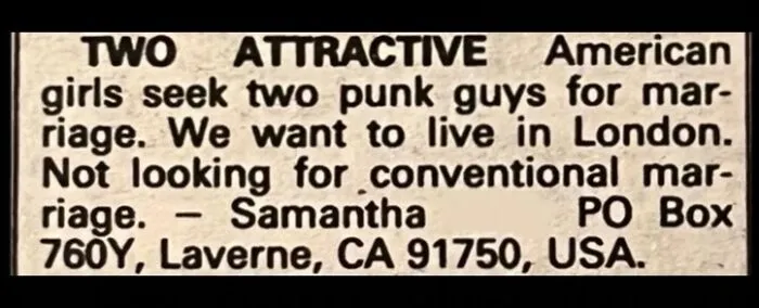 A vintage personal ad from the past placed by two American girls looking for punk guys in London.