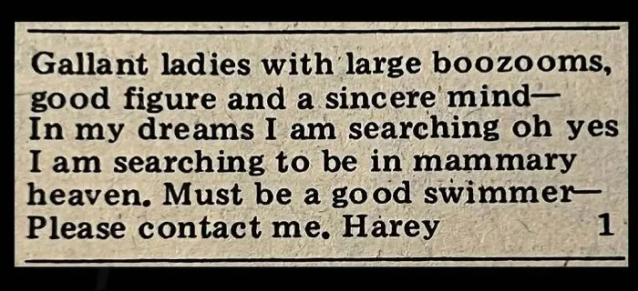 A newspaper personal ad from the past written by Harey seeking a gallant lady who is a good swimmer.