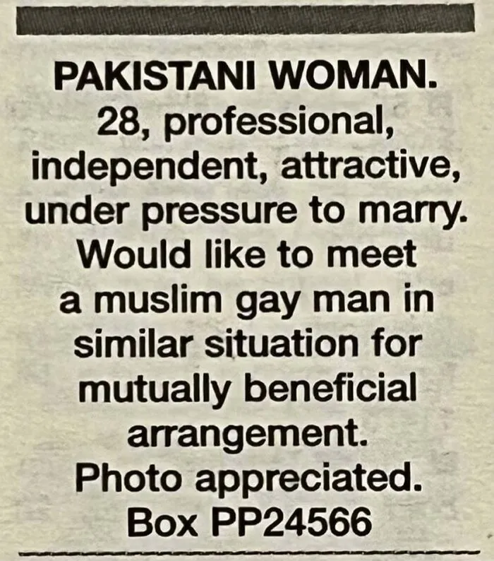 A vintage personal ad from the past placed by a Pakistani woman looking for a gay Muslim man.
