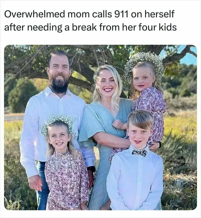 Family portrait image featured in funny memes about parenting.