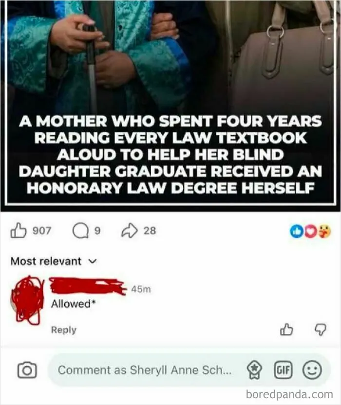 A comment showing a user incorrectly correcting aloud to allowed on a post about a blind daughter graduating law school.