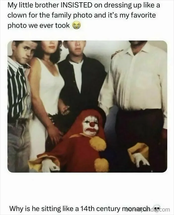 Funny memes depicting a family photo where a kid dresses as a clown