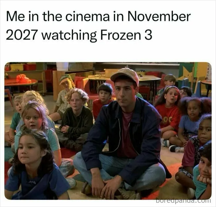 Adam Sandler sitting with children in a classroom featured in funny memes