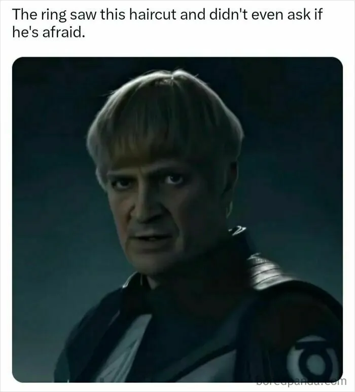 Funny memes about a Green Lantern character with a bowl cut hair style