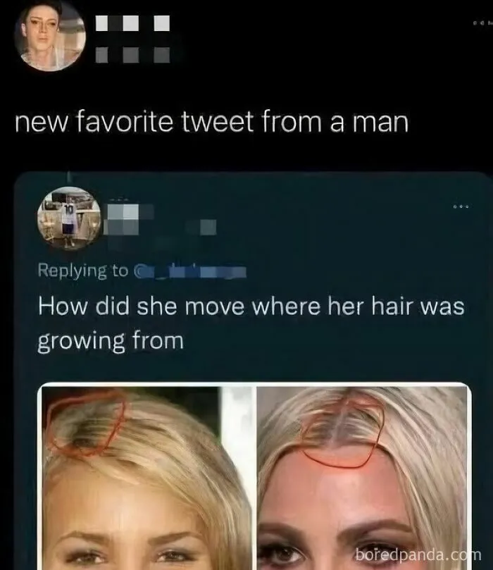 A man corrected on Twitter for confusing a side hair part with hair moving and growing in a new spot.