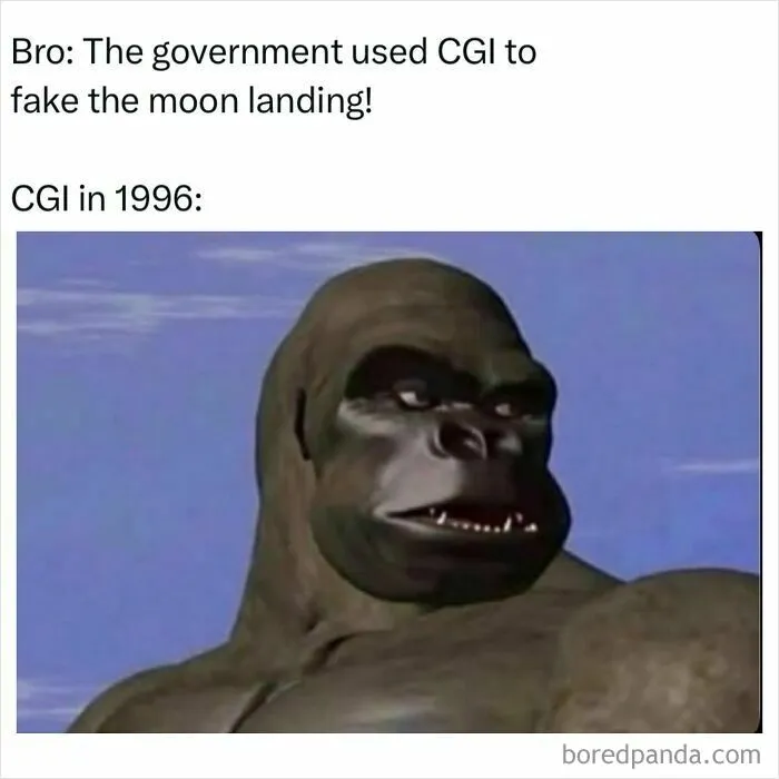 Funny memes with a low-quality CGI gorilla face making a funny expression.