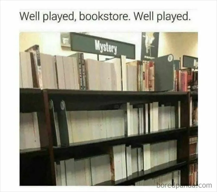 Funny memes featuring a bookstore shelf full of mystery books with blank covers