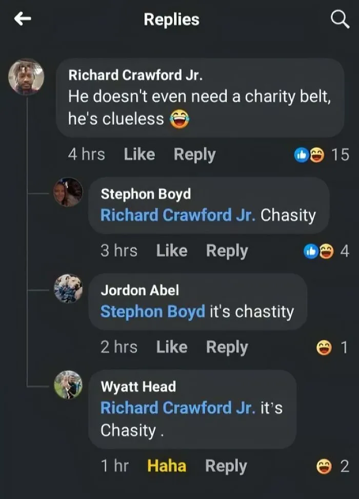 Facebook comments where users try to correct the spelling of chastity belt incorrectly.