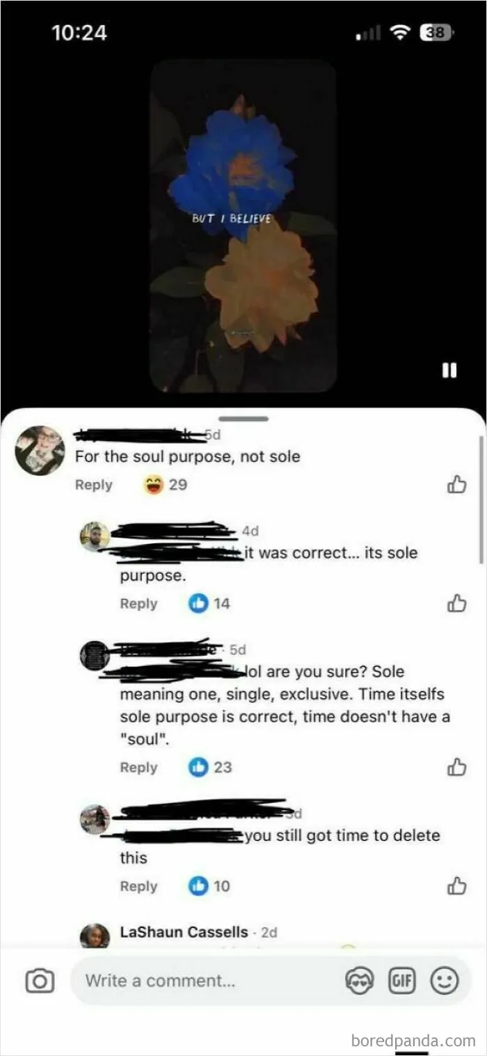 A comment thread of corrected spelling from soul to sole on social media.