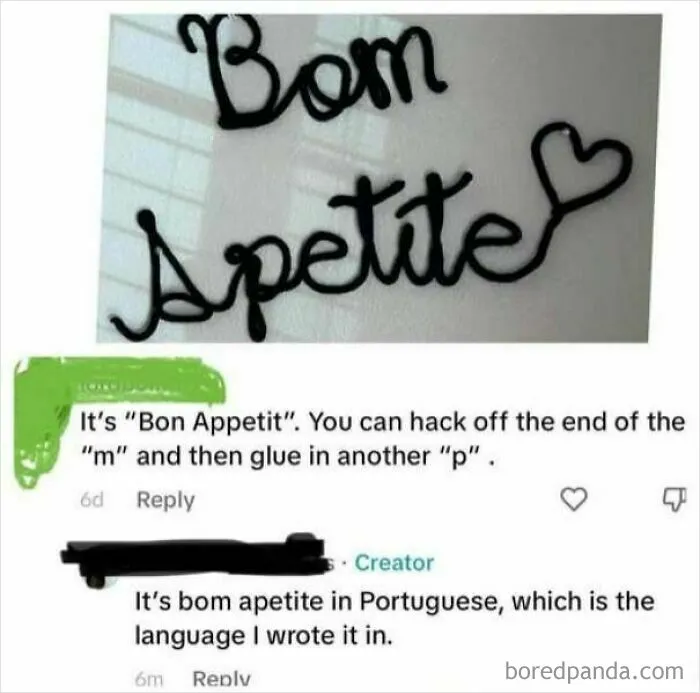 A photo of Bom Apetite text in Portuguese, with a user who corrected someone incorrectly