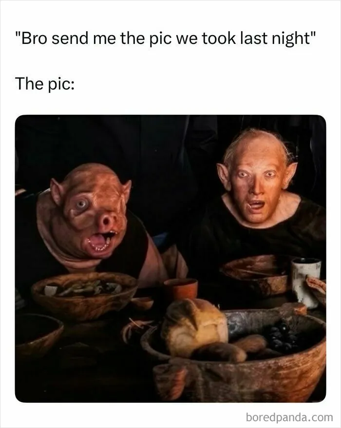 Funny memes featuring strange fantasy creatures sitting at a dinner table