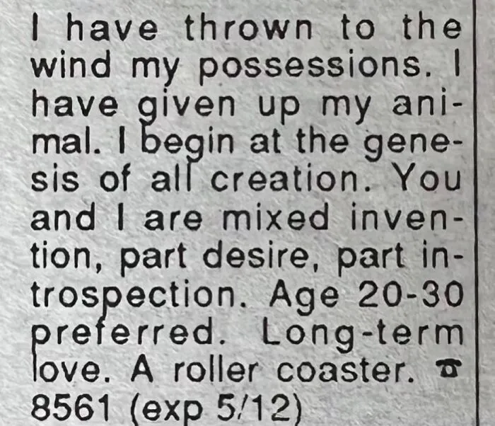 Text snippet of a vintage personal ad from the past seeking long-term love and adventure.