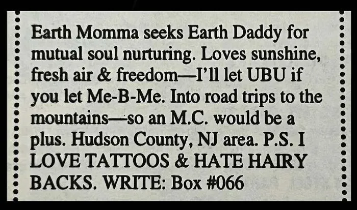 A vintage printed personal ad from the past seeking an Earth Daddy for soul nurturing and road trips.
