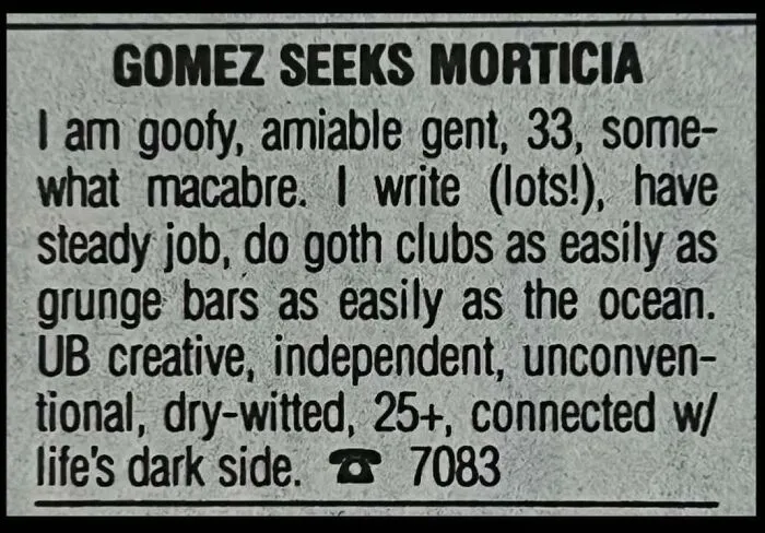 A humorous newspaper personal ad from the past looking for a macabre partner.