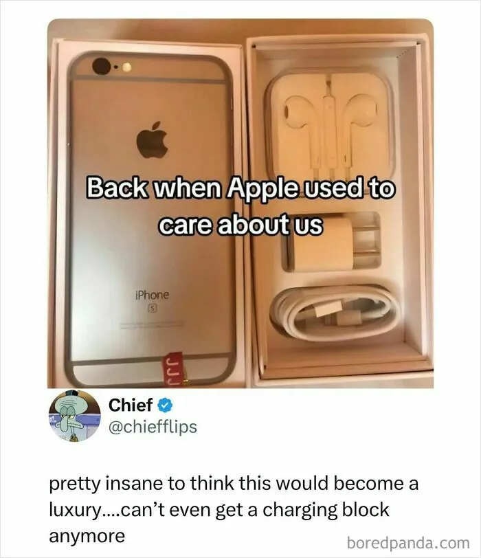 Unboxing an old iPhone box with full accessories shown in funny memes.