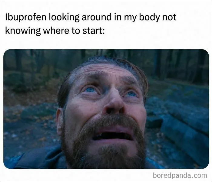 Actor looking up in dismay representing an ibuprofen tablet in funny memes.