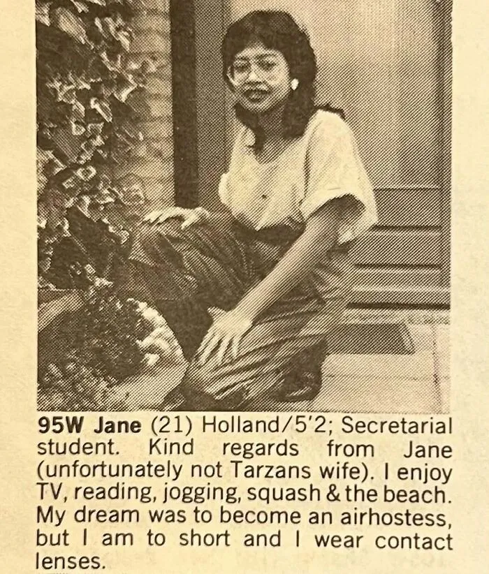 Old personal ads from the past with a photo of a young woman crouching outdoors beside descriptive text.