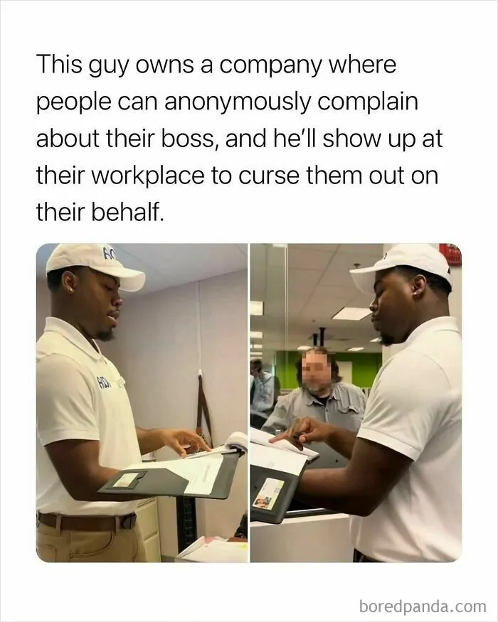 Funny memes split image of a man in a white cap pointing at documents while talking to a boss behind a glass window