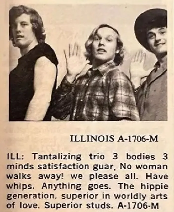 Vintage personal ads from the past showing three men posing together with handwritten text below.