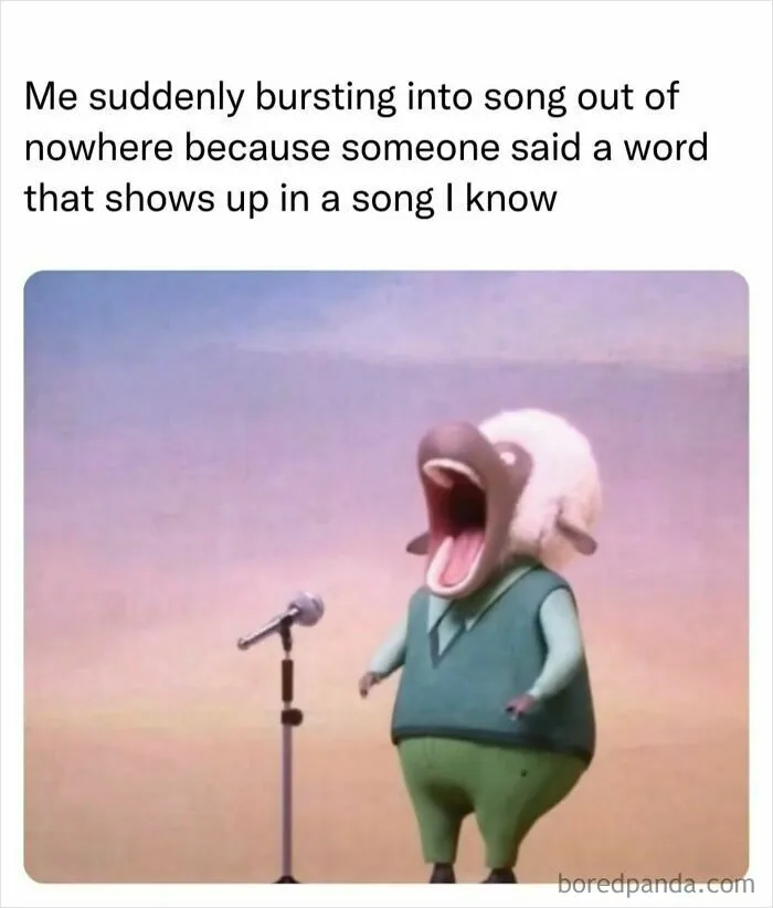 Funny memes depicting a sheep singing loudly into a microphone when hearing a familiar word