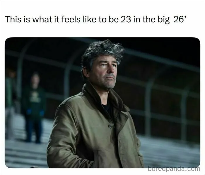A tired middle-aged man standing outdoors in funny memes