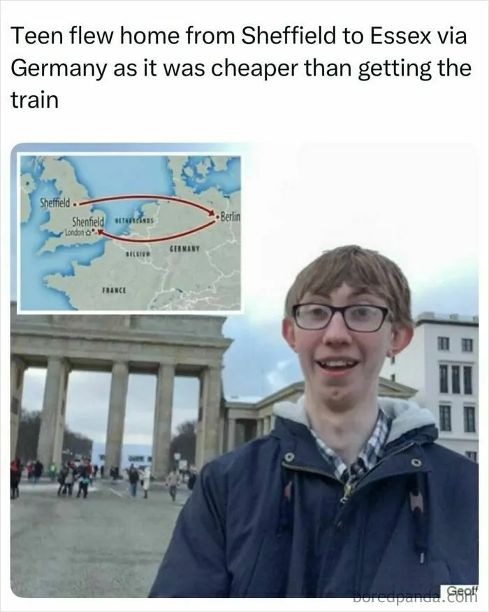 Funny meme about a teen flying through Germany instead of taking a train to save money.